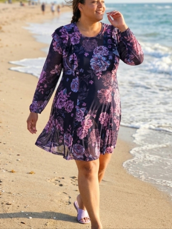 Xhilaration Dresses & Skirts - Xhilaration Navy Purple Floral Mesh Ruffle Long Sleeve Knee Length Dress 3X